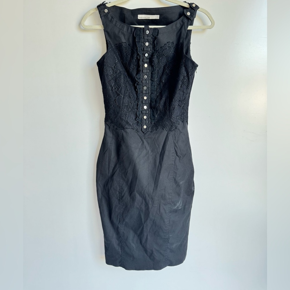 Karen Millen Black Lace Tuxedo Pencil Dress US 4 Cocktail Cotton Silk LBD Event